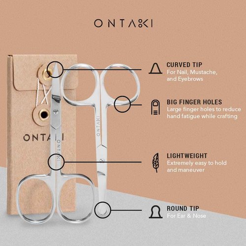 ONTAKI 3 Scissors pack - 1 German Beard & Mustache Scissors With Comb - 2 Facial Grooming Nose Hair Scissors - (1 Curved Blade Tip & 1 Safety Blunt Rounded Tip)
