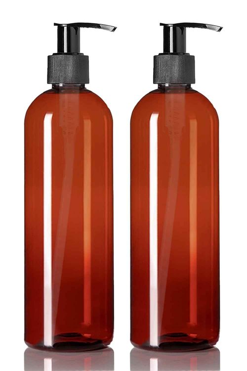 ljdeals 16 oz Amber Plastic Bottles with Pumps, Soap Dispenser, Slim, Tall Squeezable Refillable Containers for Shampoo, Lotion, Cream and More… Pack of 2, BPA Free, Made in USA