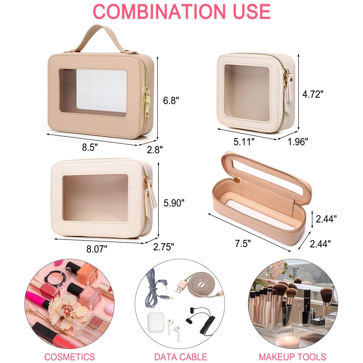 Pinkmik Clear Mini Makeup Bag Transparent Travel Cosmetic Makeup Case & Toiletry Bag for Women Clear Car Bag (C/Beige, MINI)