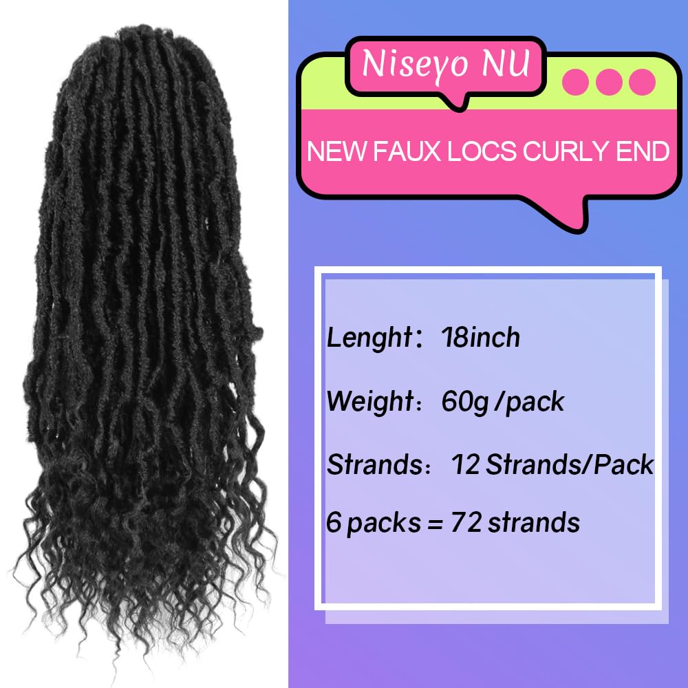 NISEYO NU Soft Locs With Curly Ends 18 Inch 6 Packs, Long Goddess Faux Locs Crochet Hair, 2#(Off Black)