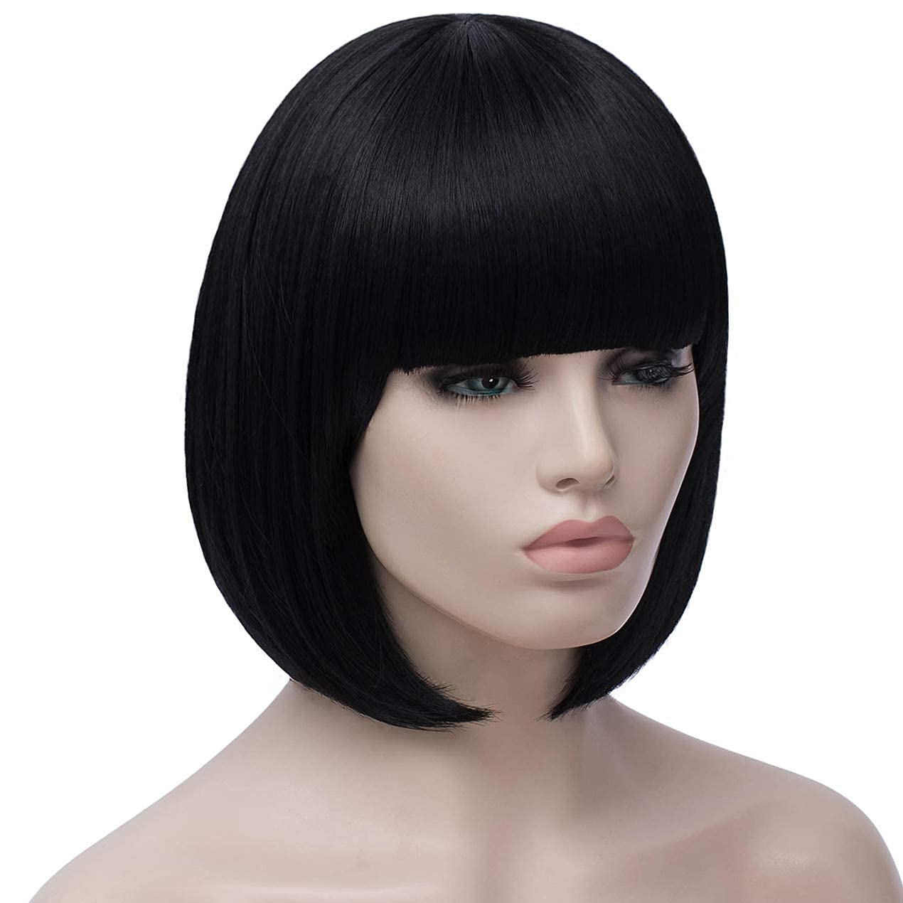 Bopocoko Black Bob Wigs for Women, 12'' Short Black Hair Wig with Bangs, Natural Fashion Synthetic Wig, Cute Colored Wigs for Daily Party Halloween BU027BK