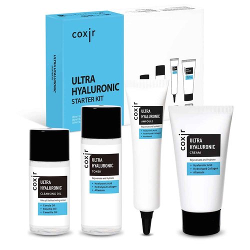 coxir Ultra Hyaluronic Christmas Gift Set – Cleansing Oil + Toner + Ampoule + Cream | Holiday Mini Skincare Kit, Travel-Size Korean Skincare Set, Hydrating Routine | Christmas Mini Gift for Women