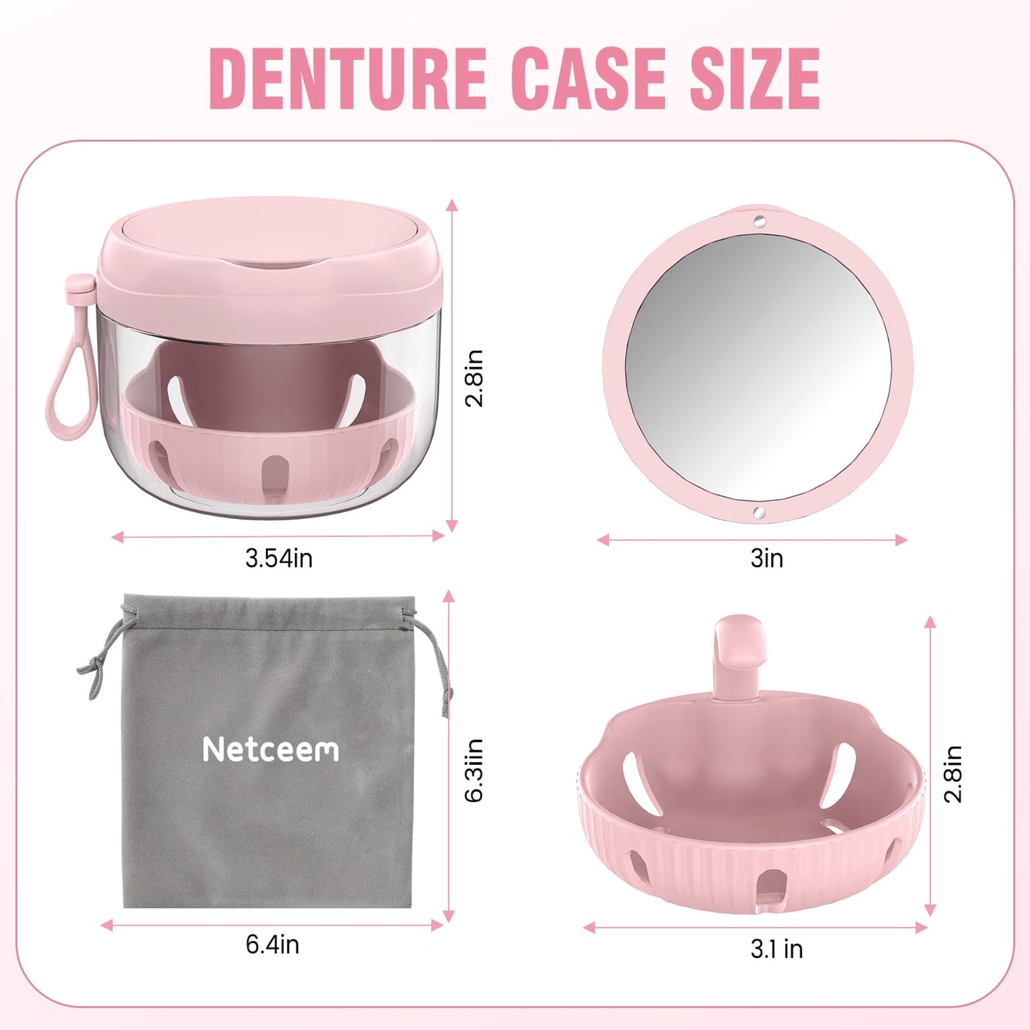 2024 Upgraded Netceem Denture Cup, Leak Proof Denture Case, Retainer Cleaning Box, Complete Clean Care for Dentures,Night Guard & Retainers with Denture Brush,Strainer, Removal Tool and Mirror(Pink）