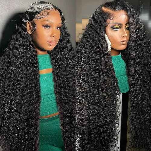 Deep Wave Lace Front Wigs Human Hair 13x6 HD Transparent Lace Front Wigs Human Hair 200% Density Deep Curly Human Hair Wig Pre Plucked Deep Wave Frontal Wigs Natural Color 26 Inch