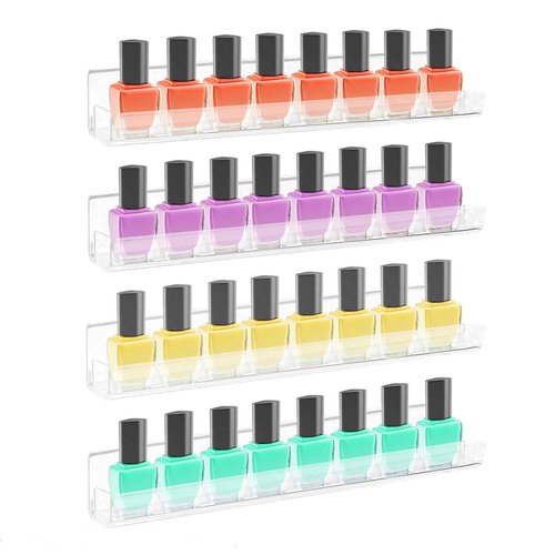 ROYALITA 4-Pack Acrylic Shelves - Nail Polish Organizer Wall Mounted Shelves, Nail Polish Rack with Removable Anti-Slip End Inserts, Nail Polish Holder for Bottles Nail Polish Display & Storage Shelf