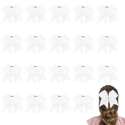 WRNZL Cheer Bows, White Hair Bows, 20 Pcs 8 Inch Bows for Cheerleaders, Girls, Softball, Ponytail Holders, Cheerleading Hair Accessories