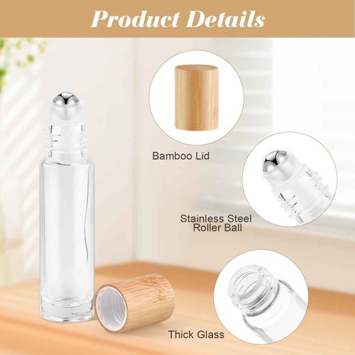 Mirrline 20 Pcs 10ml/0.34oz Roll On Bottles Clear Glass Essential Oil Roller Bottle Refillable Perfume Sample Bottles with Bamboo Lids & Stainless Steel Roller Ball -1 X Opener & 2 X Pipettes