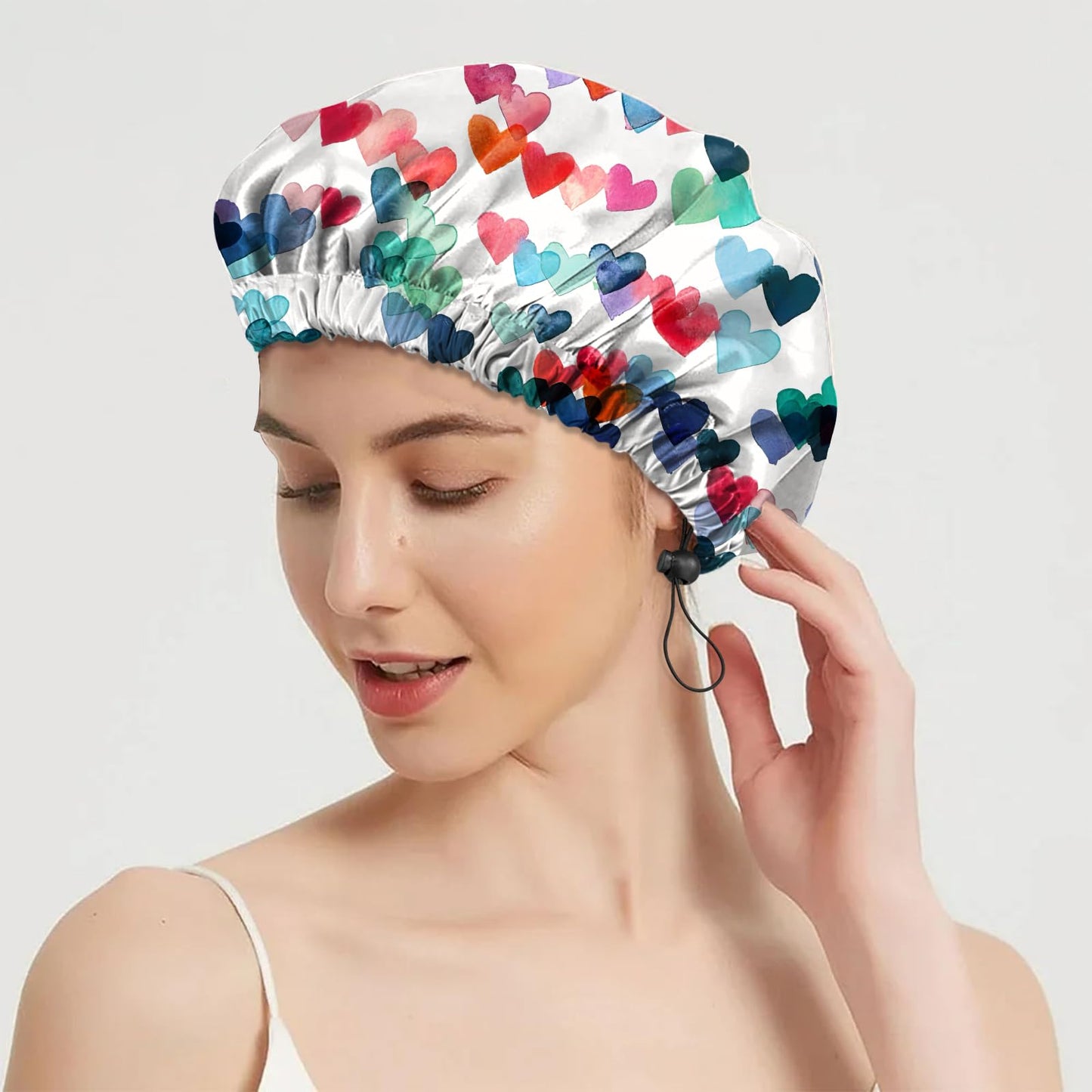 BHAHB 2 PCS Shower Cap Reusable Waterproof Double Layer Elastic Adjustable Hair Bath Caps Cute Aesthetic for Women Girls-Rainbow Hearts