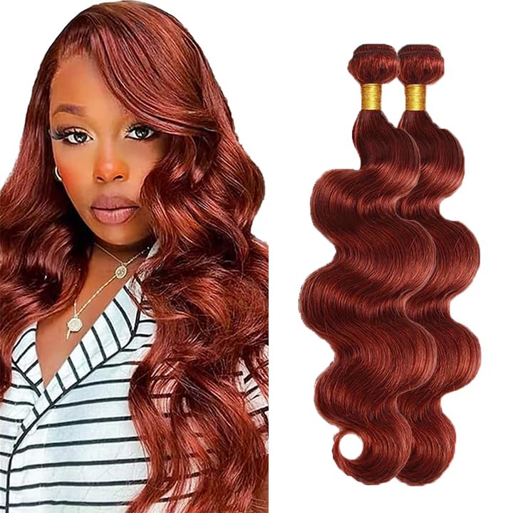 Reddish Brown Bundles Color #33 Body Wave Human Hair Bundles 24 24 Inch Grade 8A Remy Hair 2 Bundles Copper Red Body Wave Bundles Hair Extensions Auburn Human Hair Bundles