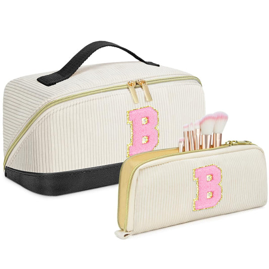 2Pack Personalized Makeup Bag,Preppy Stuff Cosmetic Bag with Initial Makeup Brush Bag Mother's Day Gift Travel Makeup Bag Pouch Monogram Makeup Bag Birthday Gifts for Women,Letter B