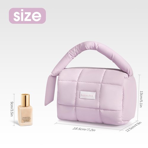 Cute Puffy Makeup Bag with Handle, Quilted Cosmetic Organizer Bag, Waterproof Travel Toiletry Pouch, Portable Handbag with Zipper for Women and Girls (Purple)