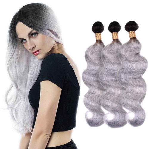 Hailookmey Human Hair Bundles 2 Tone Black To Grey Color T1B Grey Body Wave Brazilian Unprocessed Virgin Human Hair Quick Weave Extensions (12 14 16 Inch T1B/Grey Body Wave)