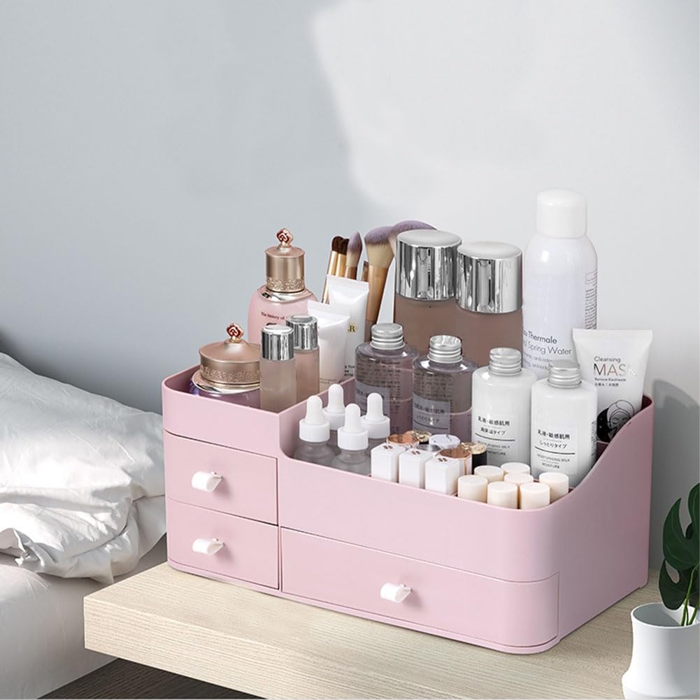 MIUOPUR Makeup Organizer for Vanity, Large Capacity Desk Organizer with Drawers for Cosmetics, Lipsticks, Jewelry, Nail Care, Skincare, Ideal for Bedroom and Bathroom Countertops - Large Pink