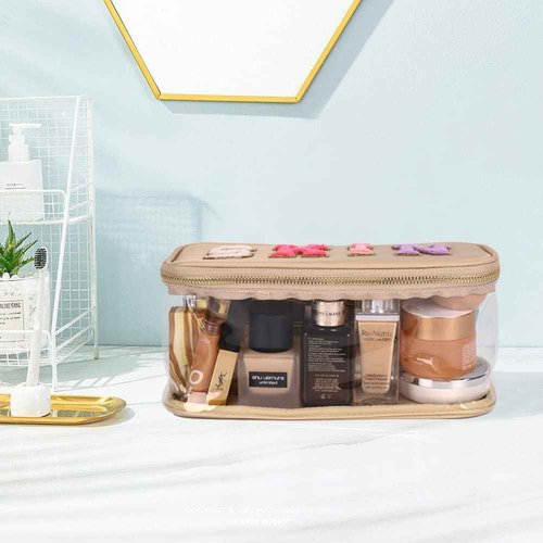MEEJUNE Portable Chenille Letter Clear Preppy Makeup Zipper Bag Waterproof Foldable Organizer Travel Storage Purse For Vacation Travel, Bathroom