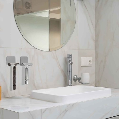 Linkidea 2 Pack Wall Mount Shaver Holder for Shower, Self Adhesive Hook Hanger Stand, Bathroom Wall Mounted Razor Holder Compatible with Vikings, Merkur Double Edge Safety Razor