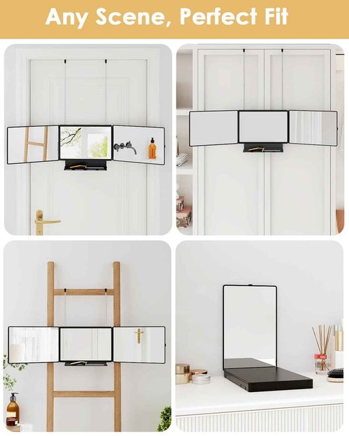 Dripex 3 Way Mirror with Storage Shelf, Trifold Self Haircut 360° Barber Mirror with Height Adjustable Hooks for Makeup, Styling, Shaving, Braiding, Dye Hair