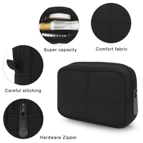 JINSI Small Makeup Bag for Purse, Quilted Travel Cosmetic Bag, Zipper Cosmetic Pouch Organizer Toiletry Bag, Make Up Bags for Women Girls, Black