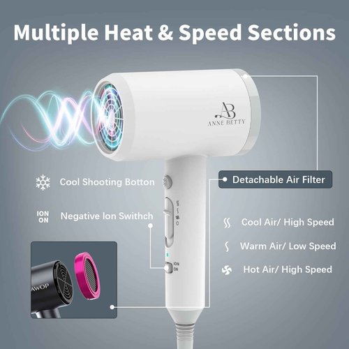 ANNE BETTY Hair Dryer with Diffuser for Curly Hair, 1800W Ionic Blow Dryer for Women & Men, Fast-Drying, Lightweight, Low Noise, Hair Care Styling Tool for Home, Travel