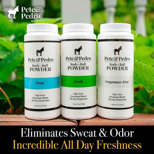 Pete & Pedro FROST Body & Balls Powder & FRESH Natural Body Bar Soap Combo – Talc-Free Ball Powder for Men 4.4 oz | Hydrating & Exfoliating Soap Bar Shea Butter & Pumice 5 oz | Eliminates Sweat & Odor