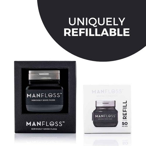Manfloss Refill - 54 Yard Rolll of Black Dental Floss Tape – Easy, Comfortable, Fun & Effective Flossing. PFAS-Free, Vegan-Friendly, Fresh Mint Flavour & Shred-Resistant. Seriously Good Floss