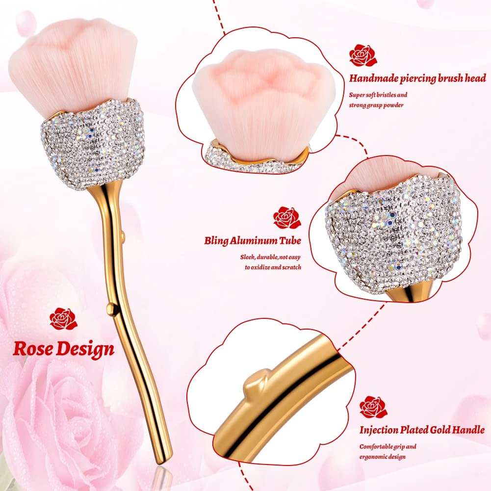 XhuangTech Bling Make Up Brush Crystal Makeup Travel Brushes Blusher Rhinestone Cover Foundation Highlight Blush Cosmetic Tools (White Rose)