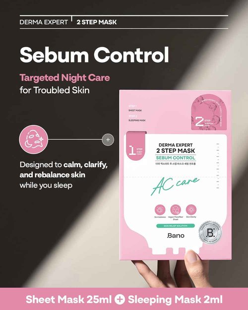 Bano Derma Expert 2 Step Sebum Control Face Mask – 2 in 1 Soothing Sheet & Sleeping Mask with Salicylic Acid, Niacinamide & Hyaluronic Acid | Support Glow for Glass Skin | Korean Skincare | 7 Sheets