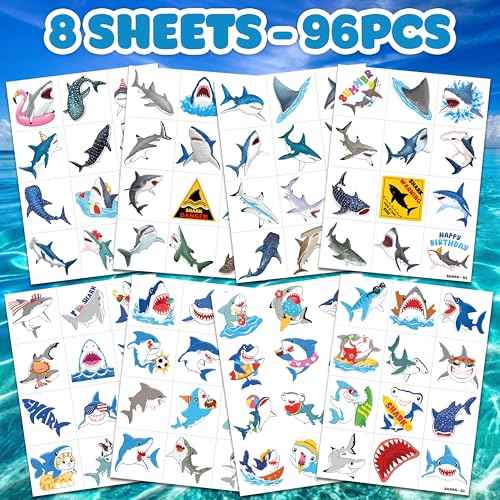 96 PCS Shark Pre-Cut Temporary Tattoos for Kids | Super Cute Shark Themed Birthday Party Favors, Supplies, Decorations, Cute Ocean Animal Tattoo Stickers, School Rewards Prizes & Gifts for Boys Girls
