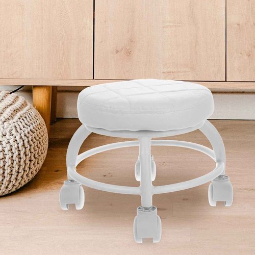 Healeved White Rolling Beauty Stool Pu Cushioned Low Round Stool with Wheels for Manicure Pedicure Salon Spa Massage Chair