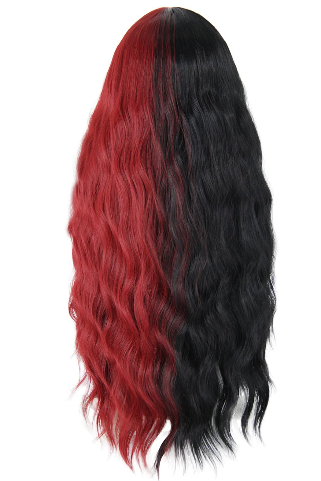 Mildiso Red and Black Wigs for Women 26’’ Long Curly Wavy Hair Wig with Bangs Natural Cute Synthetic Wig with Wig Cap for Party Halloween M062BKR