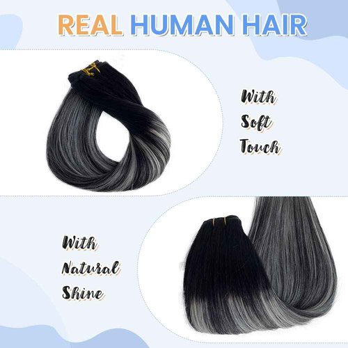 Silver Sew in Hair Extensions 14 Inch 80Gram Weft Hair Extensions Balayage Human Hair Extensions Hair Wefts Color #1B/Silver/1B Off Black Mixed with Silver Remy Straight Hair Weave Bundles Real Hair