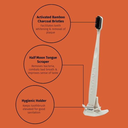 TOKII Tongue Scraper Cleaner Charcoal Bristles Toothbrush for Bad Breath with Waterproof Pouch for Travel, Hygienic Stand and Enviromentally Friendly (Black, Pack of 1)