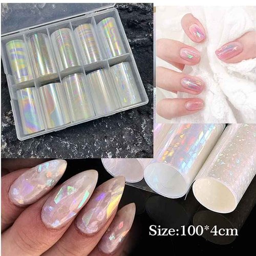 JERCLITY 10 Rolls Aurora Transparent Nail Foil Transfer Sticker Kit Illusory Color Nail Foil Sheets Iridescence Transfer Stickers