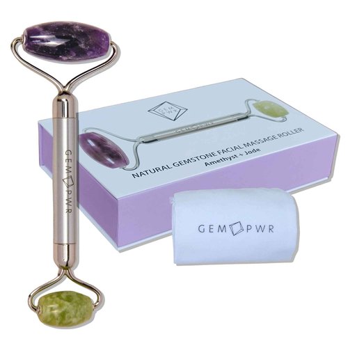 GEM PWR Amethyst + Jade Roller for Face and Neck Massage, Dual Gemstones with Durable Steel Handle and Travel Bag. Minimize Wrinkles, Reduce Puffiness and Restore Skin's Elasticity and Radiance