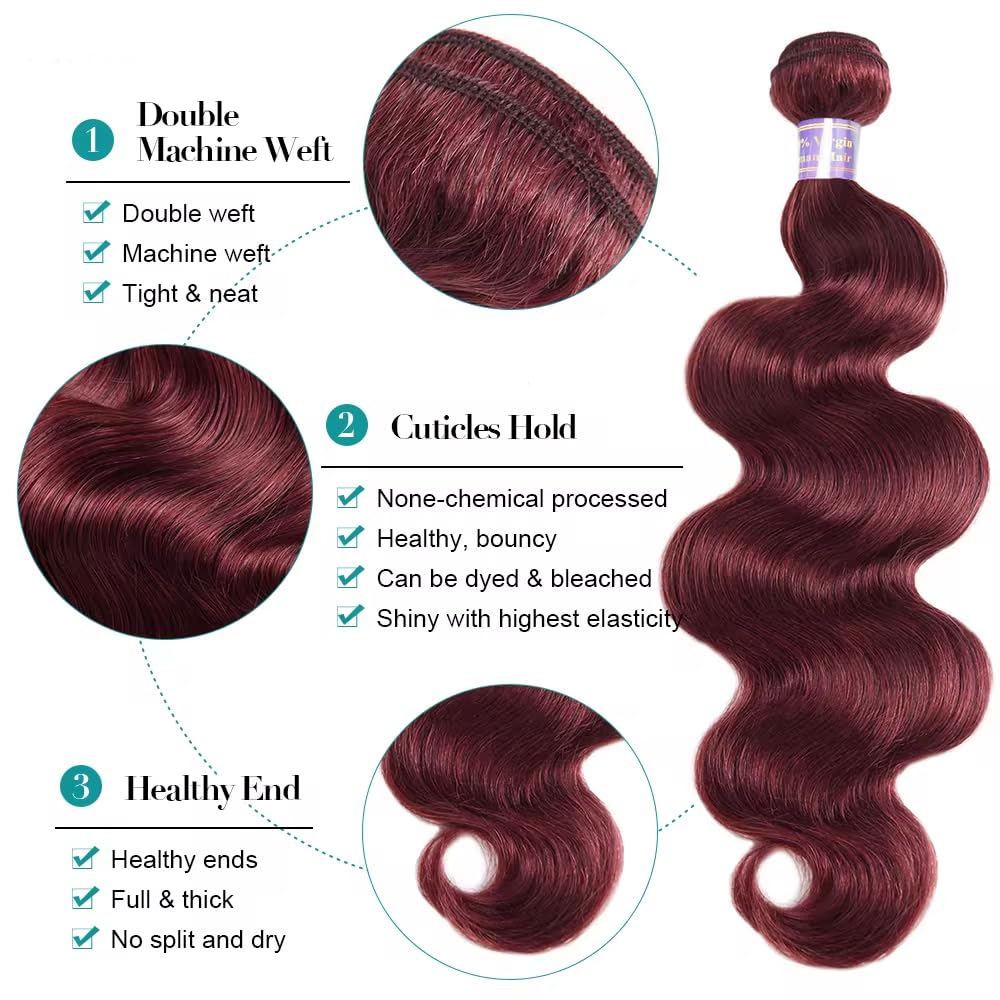 100% Unprocessed Brazilian Virgin Human Hair #99J Body Wave Human Hair Bundles 22 Inch Hair Extensions Burgundy Bundles Human Hair Remy Hair Weave for Women