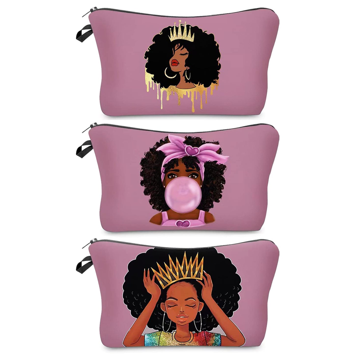 African American Makeup Bag for Purse 3 Pack Afro Black Cosmetic Bags for Women Inspirational Gift Small Funny Cosmetics Pouch Travel Bag Cases for Toiletries Accessories Organizer Bulk