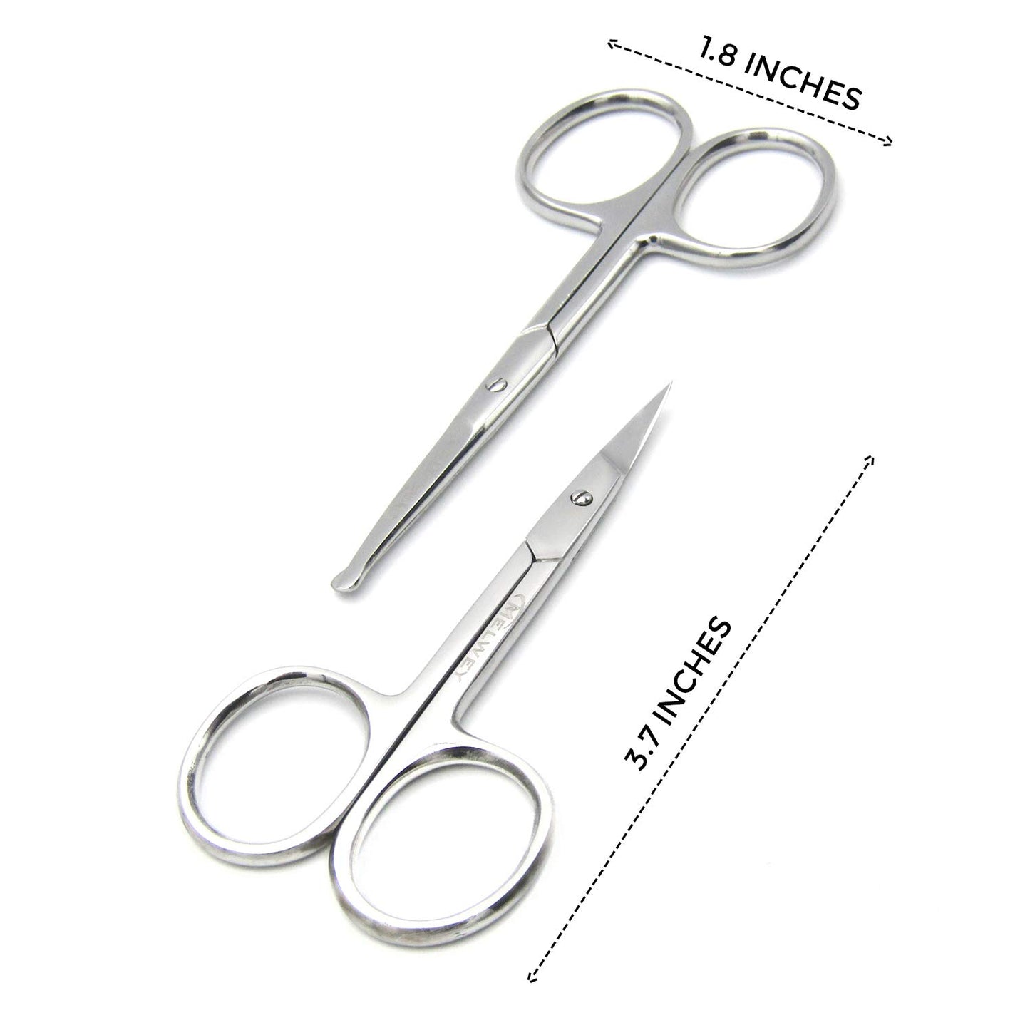 Melwey Pack of 2 Curved & Rounded Blunt Tip TSA Stainless Steel Small Scissors for Eyebrows & Eyelashes, Scissors for Beard Trimming & Moustache, Baby Scissors for Nails, Nose & Facial Hair Scissors.