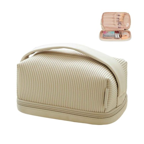 Large Capacity Travel Cosmetic Bag for Women, Girls, Leather Double Layer Portable Makeup Bag with Brush Compartment for Travel Bathroom Beige