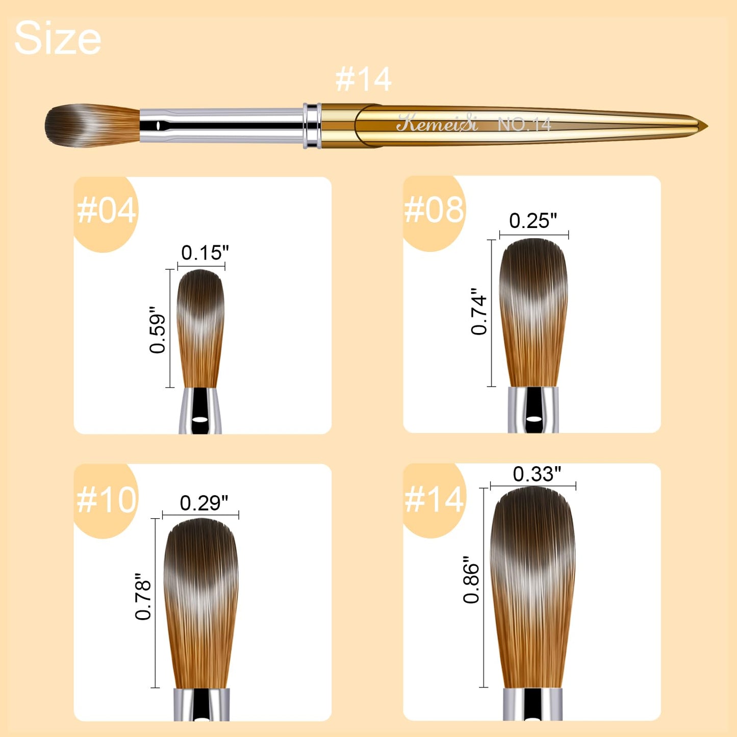 KEMEISI 4PCS Acrylic Nail Brush Set, Size 04/08/10/14 Kolinsky Nail Art Brushes for Acrylic Application, Sturdy Handle Oval Shaped Acrylic Powder Nail Design Tools for Professional Manicure DIY Home