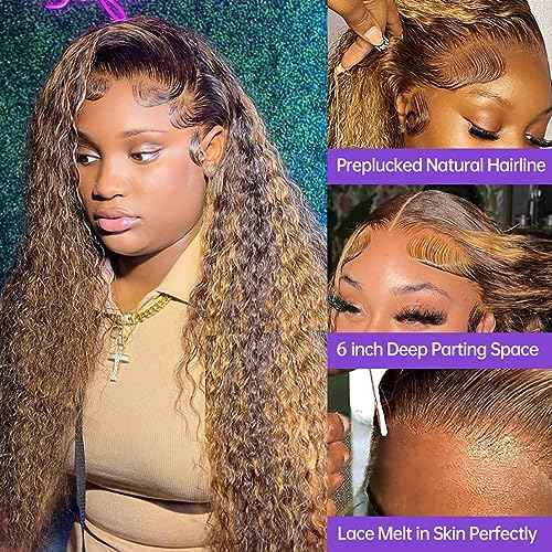 28 Inch Ombre Highlight Lace Front Wigs Human Hair Deep Wave 13x6 Transparent Lace Front Wigs 4/27 Ombre Human Hair Wet and Wavy Curly Glueless Wig Pre Plucked with Baby Hair 180% Density