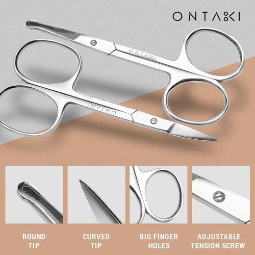 ONTAKI 3 Scissors pack - 1 German Beard & Mustache Scissors With Comb - 2 Facial Grooming Nose Hair Scissors - (1 Curved Blade Tip & 1 Safety Blunt Rounded Tip)