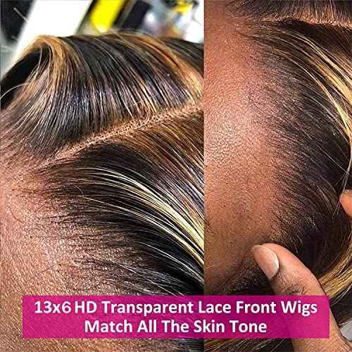 Aicrelery 4/27 Highlight 13x6 Lace Front Wigs Human Hair 13x6 Honey Blonde HD Lace Front Wig Pre Plucked with Baby Hair 180% Density Highlight Ombre Body Wave Lace Frontal wig for Women 20 Inch