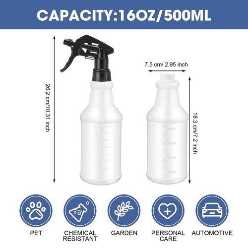 Gandeer 10 Pack Spray Bottles 16 oz Empty Water Spray Bottles for Cleaning Heavy Duty Refillable Squirt ‌Container with Measurements Adjustable Nozzle for Household(Black,Stylish Style)