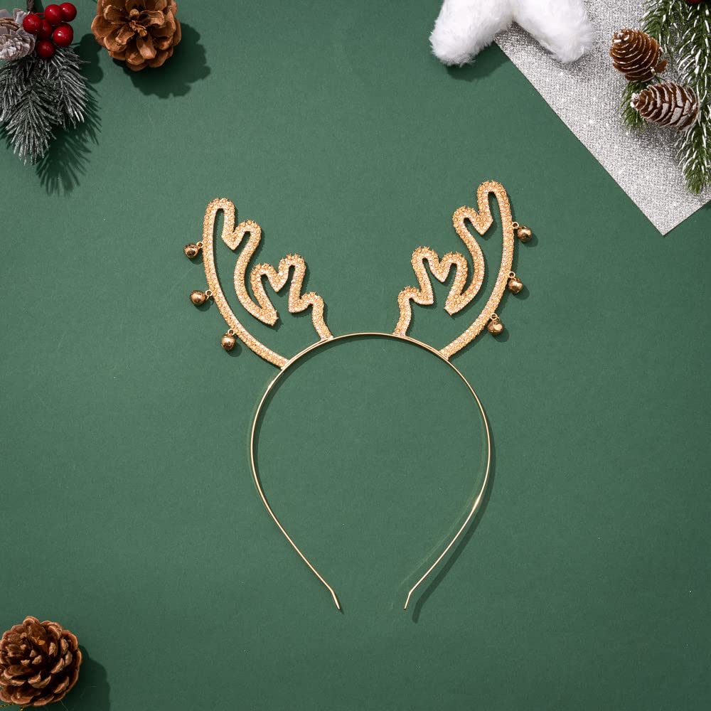 Madison Tyler Christmas Gold Reindeer Antlers with Jingle Bells Headband | Cute Rhinestone Headbands for Christmas | Holiday Gifts for Girls Kids and Women