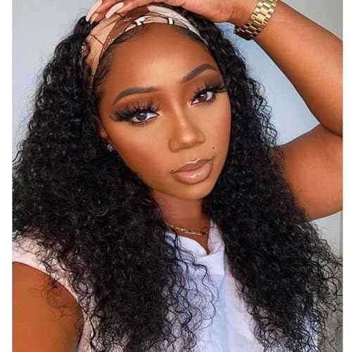 Rebasar Curly Headband Wig Human Hair Wigs for Black Women Human Hair 22 Inch Long No Lace Front Wigs Human Hair Glueless Deep Wave Headband Wigs Natural Black Color Half Wig with Headband
