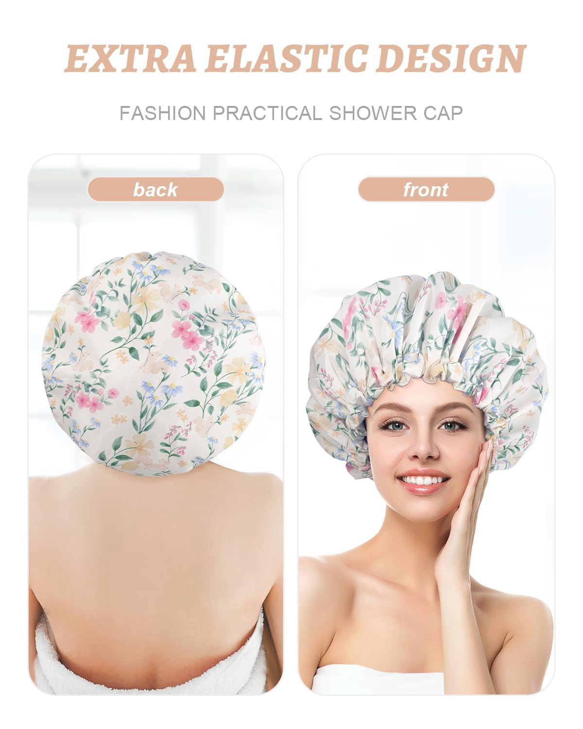 Aquior Shower Caps, Double Layer Waterproof Shower Cap for Women, Reusable Large Shower Cap for all Hair Lengths with EVA Lining, Soft Bath Shower Caps