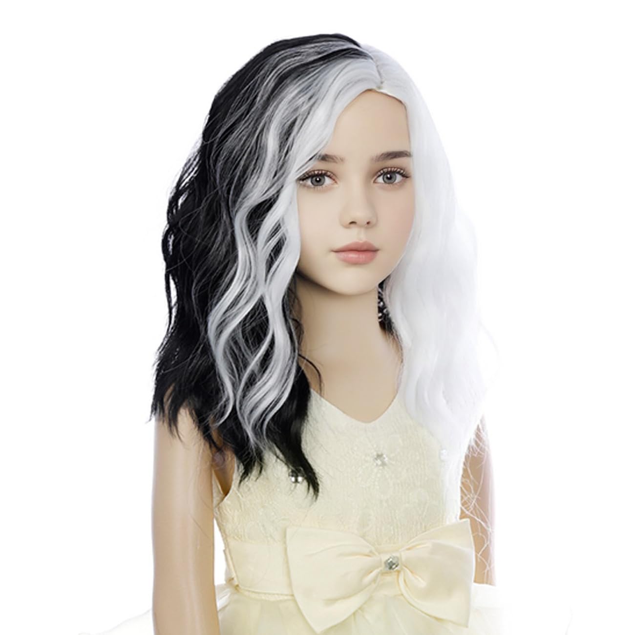 DUDUWIG Girls Black and White Wig Kids Short Half Black and Half White Wavy Curly Bob Wig Children Black White Wig for Halloween Cosplay