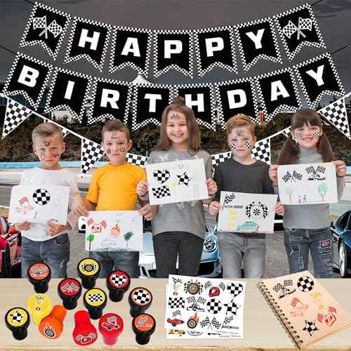 36PCS Checkered Flag Party Favors - 24PCS Temporary Tattoos & 12PCS Stamps - Ideal Black and White Race Flag Themed Birthday Card Decorations Supplies Goodie Bag Cute Rewards for Boys Girls Gifts