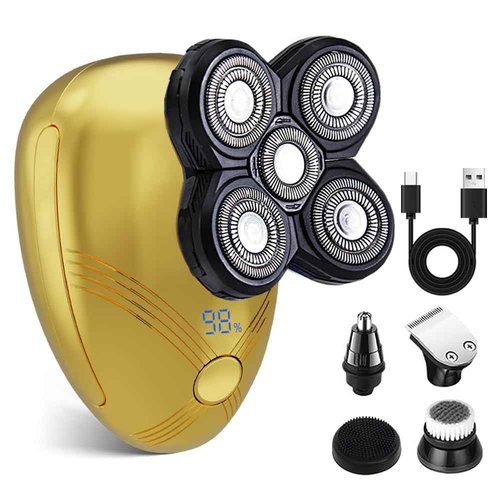 5-in-1 Electric Cordless Razor for Men Head Shaver for Bald Men Grooming Kit with Nose Trimmer-Hair Clippers-Facial Brush, LED Display Rotary Shavers,USB Charging Rechargeable (Gold)