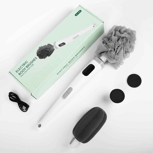 Goldium Electric Body Brush Back Scrubber for Shower - 3 in 1 Waterproof & Rechargeable with Long Handle, 3 Heads & 2 Speeds for Foam Generating, Cleansing, Exfoliating, Foot Callus Remover