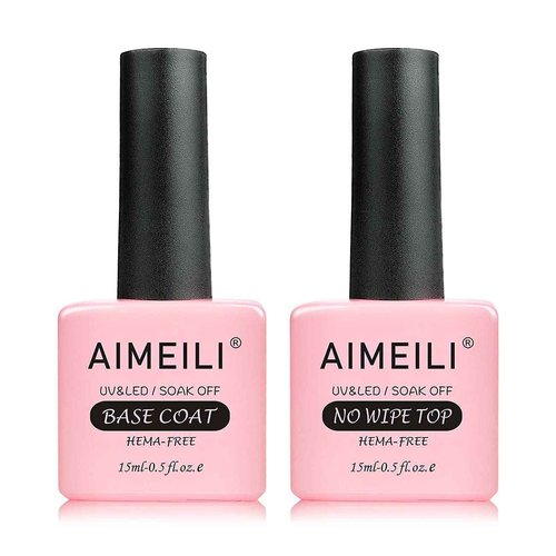 AIMEILI Hema-Free No Wipe Top and Base Coat Set, and Natural Sheer Pink Color Gel Set